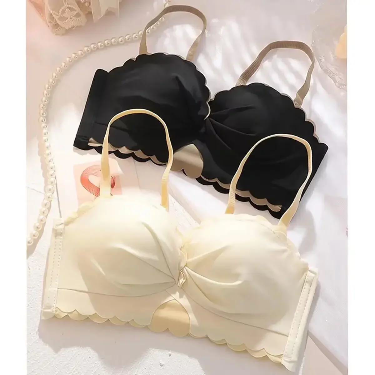 Sexy Cute Student Underwear Women\'s Steel Ring Small Chest Gathered Breasts Adjustable Anti-sagging Strapless Bra Set