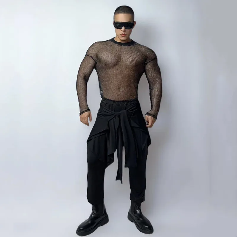 일본 스타일 바 나이트 클럽 댄스 의상 남성 DJ 가수 공연 무대 착용 블랙 탄성 스키니 탑 하렘 바지 세트