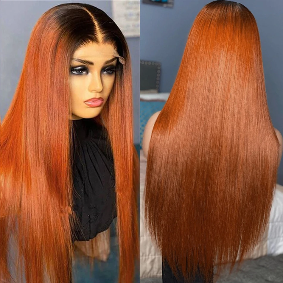 Ginger Orange 13x4 Lace Front Wig Bone Straight Human Hair Wig for Black Women Ombre Color Short 1B Orange Human Hair Lace Wig