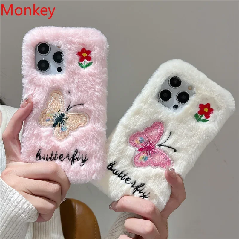 Coque de téléphone moelleuse en peluche pour iPhone, coque souple, papillon, fleur mignonne, iPhone 16 Pro Max 15 Plus 14 13 12 Mini 11 X XS Poly 7 8 Plus SE 2022