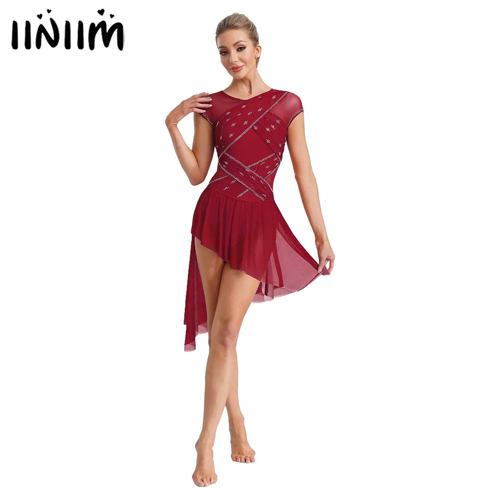 

Womens Adult Shiny Rhinestone Ballet Lyrical Dance Leotard Dress Gymnastics Figure Skating Ruched Mesh Overlay Bodysuit Dress