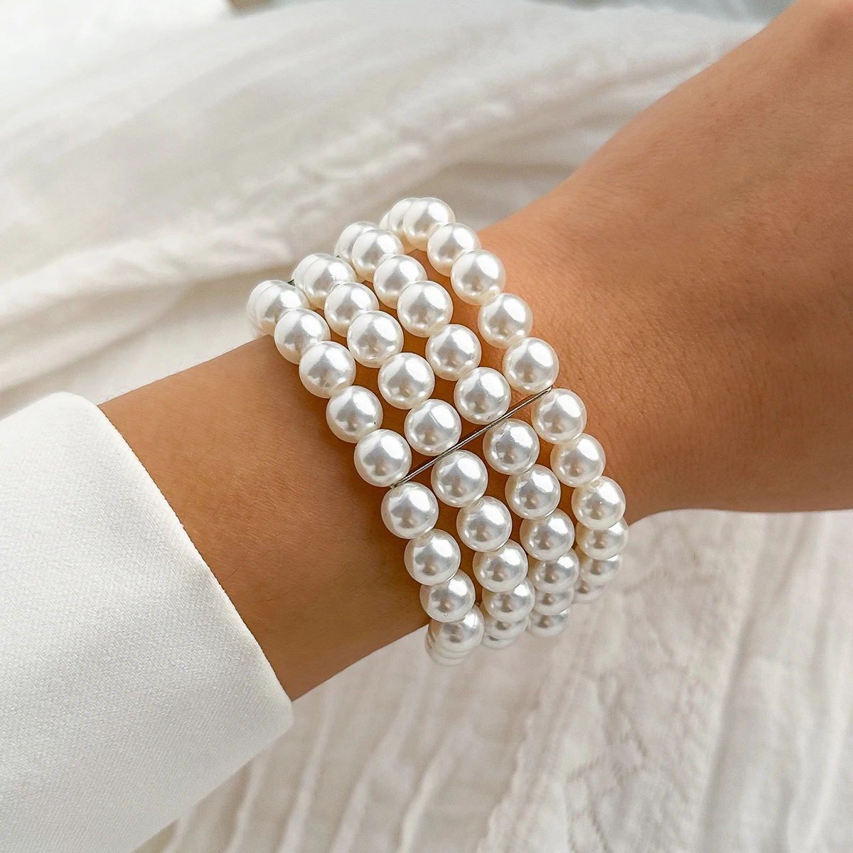 Salircon Korean Romantic Multi-layer Imitation Pearl Bracelet Fashion Elegant Wide Bracelet For Women Wedding Party Jewelry Gift