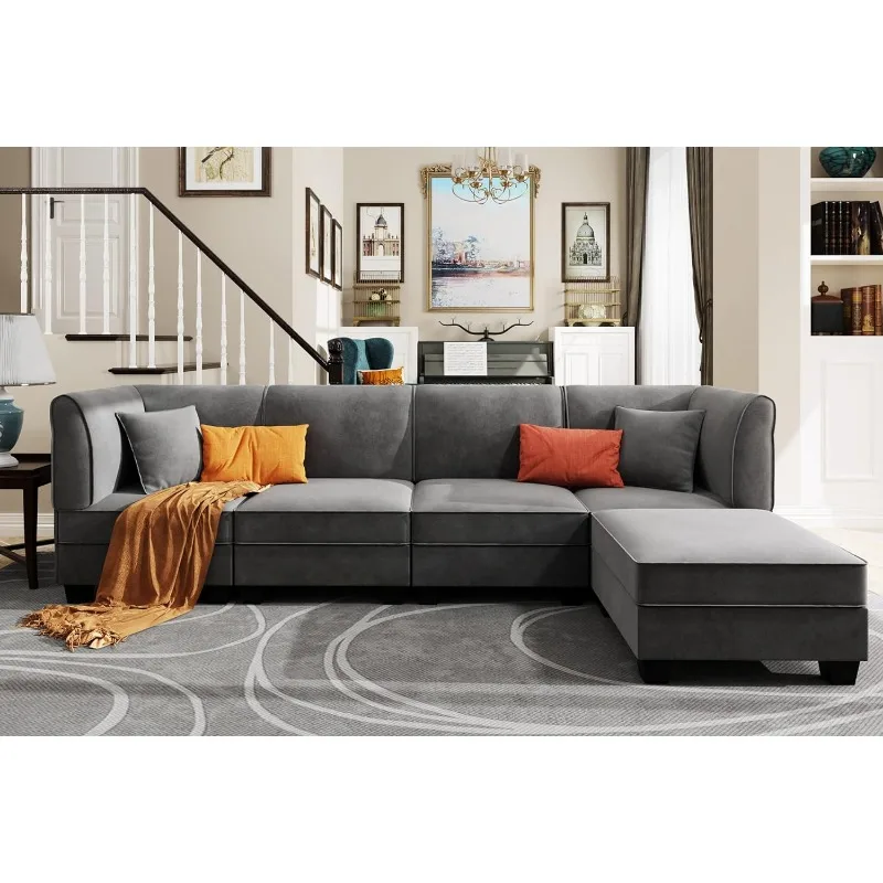 Sofa Modular, 6 buah Sofa bahan beludru bentuk U dengan kursi bolak-balik 116 ", Sofa bahan Modular untuk 6 tempat duduk