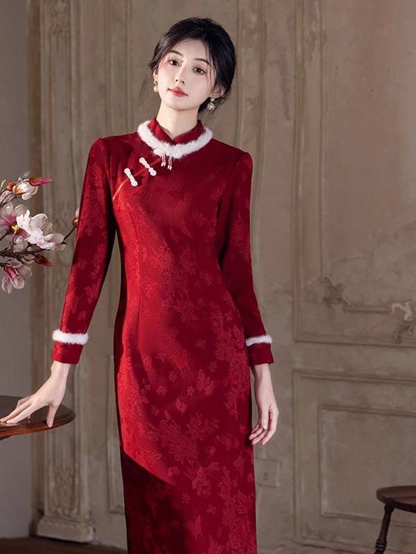 

Qija Jiangnan Winter Thiened Mink Collar Warm New Bride Drinking Ceremony Traditional Chinese Sle Medium Length Qipao Dr
