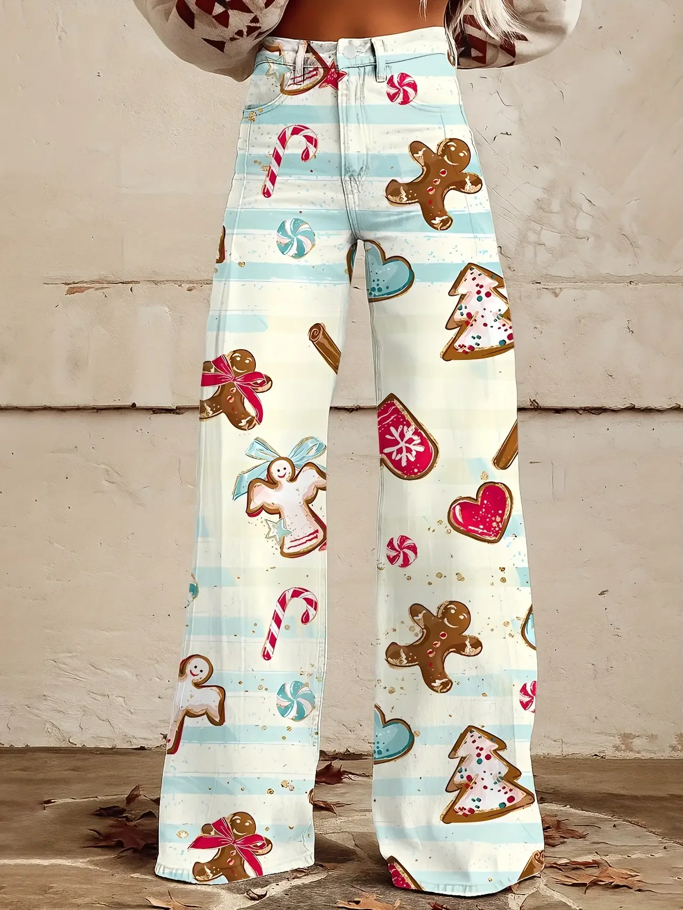 Ladies' imitation denim pants with snowflake pattern autumn and Star and cane candy pattern autumn and winter 3D denim texture