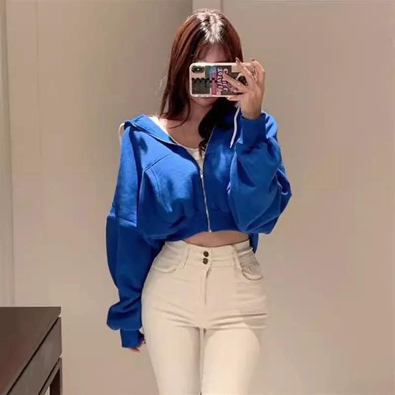 

New Solid Color Hooded Sports Short Sweater Fashion Loose Zipper Cardigan Jacket Women 2025 Spring and Autumn
