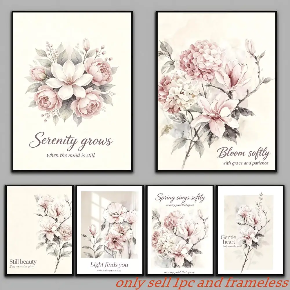 Serenity Bloom Canvas Poster, Pink Floral Quote Wall Art, Frameless Print for Bedroom Living Room Decor and Gift