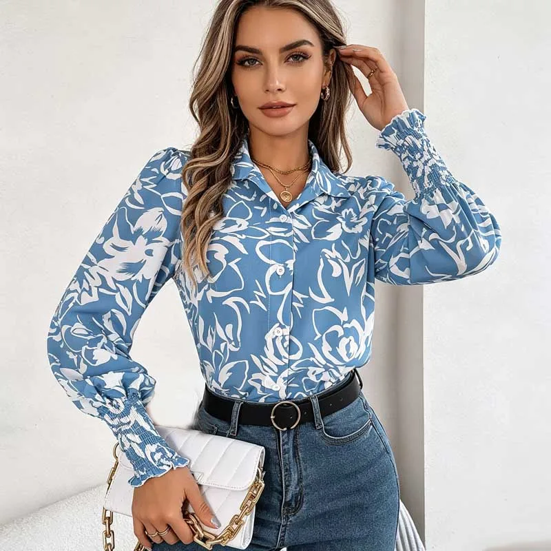 Fashion Spring Autumn Floral Printed Shirt Women Lapel Loose Blouse Long Sleeve Buttons Elegant Top Sweet Commuter Casual Shirt
