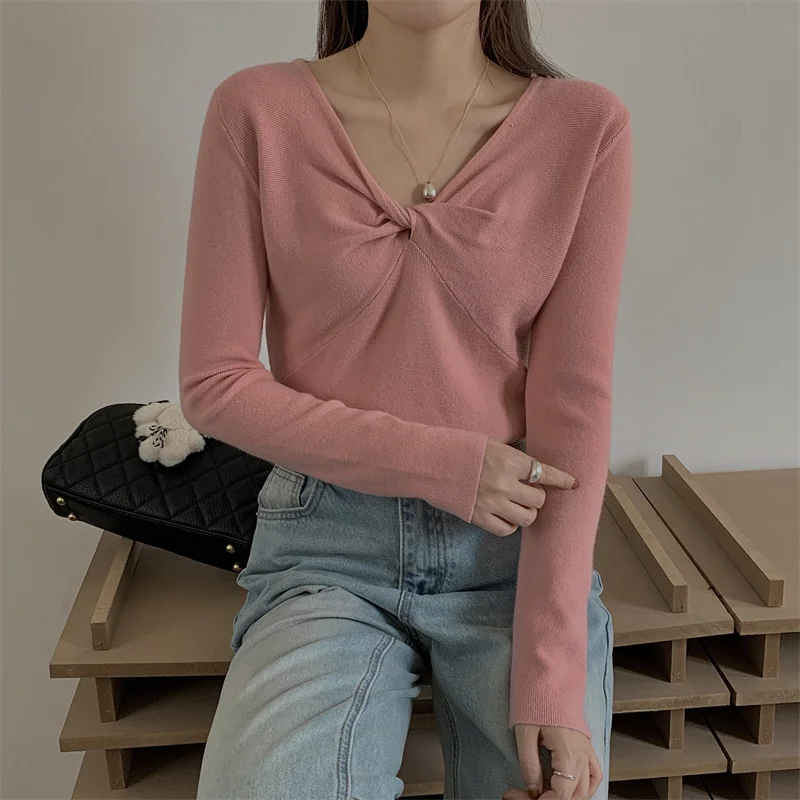 Autumn Winter Casual Women's Sweater Pullover Korean New V-neck Long Sleeve Pleated Knitted Basics Tops Female Jumpers Clothes