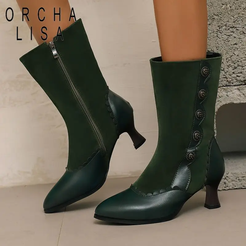 ORCHA LISA المرأة منتصف العجل الأحذية أشار تو 5.5 سنتيمتر كعب صغير سستة مختلط اللون المسامير عادية حجم كبير 46-48 أنثى عادية #1