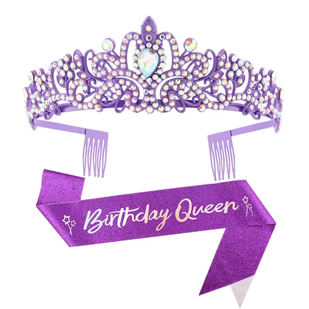 Geburtstagskönigin, glitzernde Schärpe und Strass-Tiara, rosa, lila, blau, Geschenke für Mädchen und Frauen, alles Gute zum Geburtstag, Party-Dekorationszubehör – Detail 6