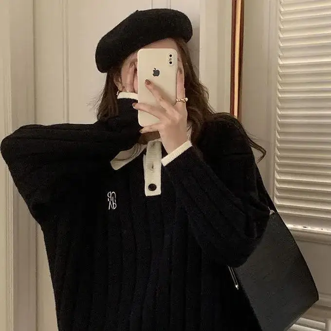 Jesienno-zimowy nowy sweter z blokami kolorów dla studentek w stylu koreańskim, luźny i wszechstronny sweter z dzianiny