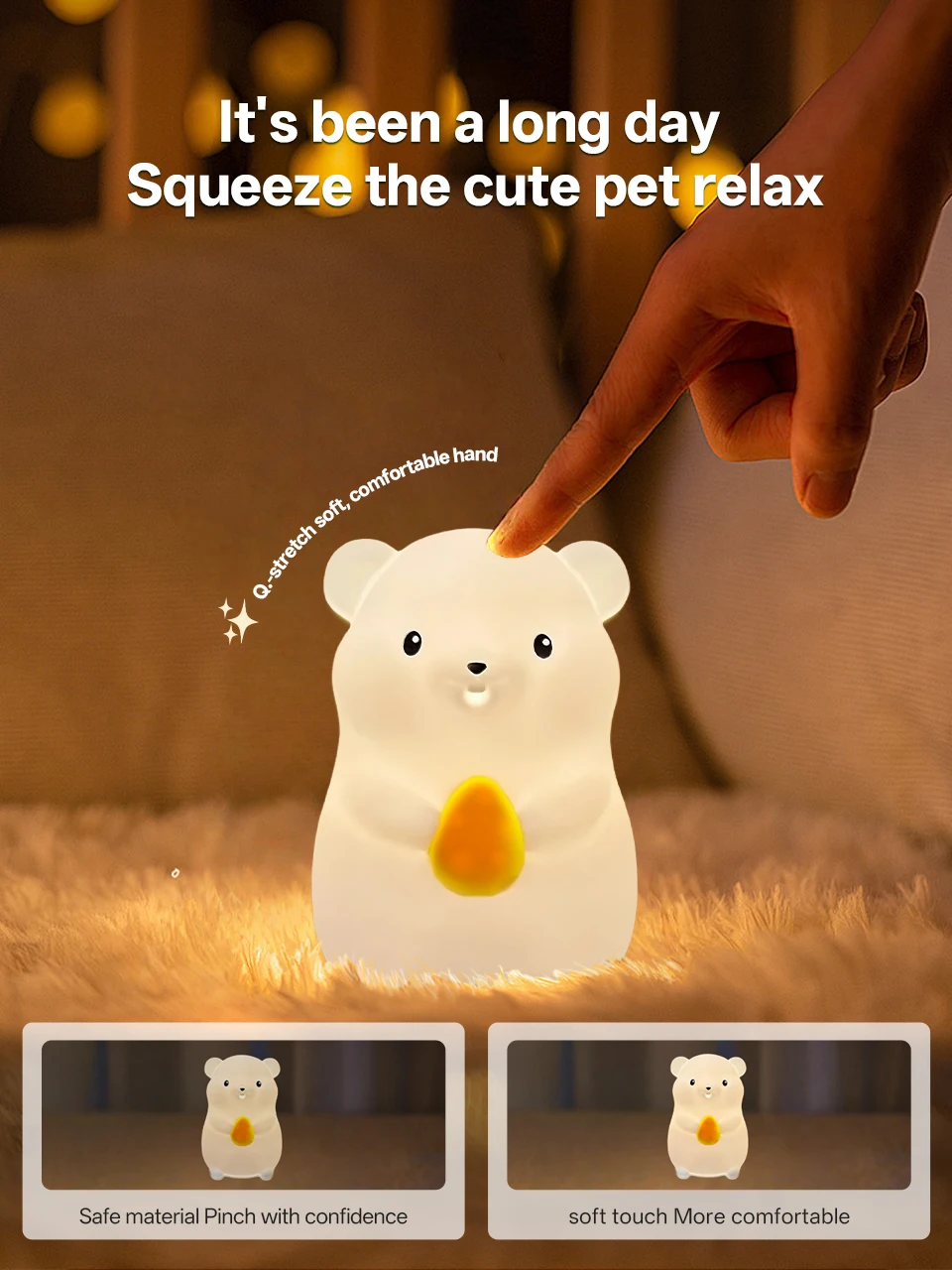 KFV Cute Pear Night Light 7-Color Dimmable Touch-Controlled Night Light Silicone Stress Reducing Pat Duck Lamp USB Rechargeable