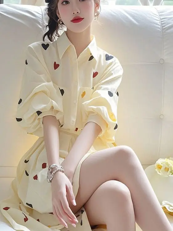 

Sweet Love Pattern Printed Lantern-sleeved Yellow Long-sleeved Shirt For Women Harajuku-inspired Preppy Mini Skirt Spring Autumn
