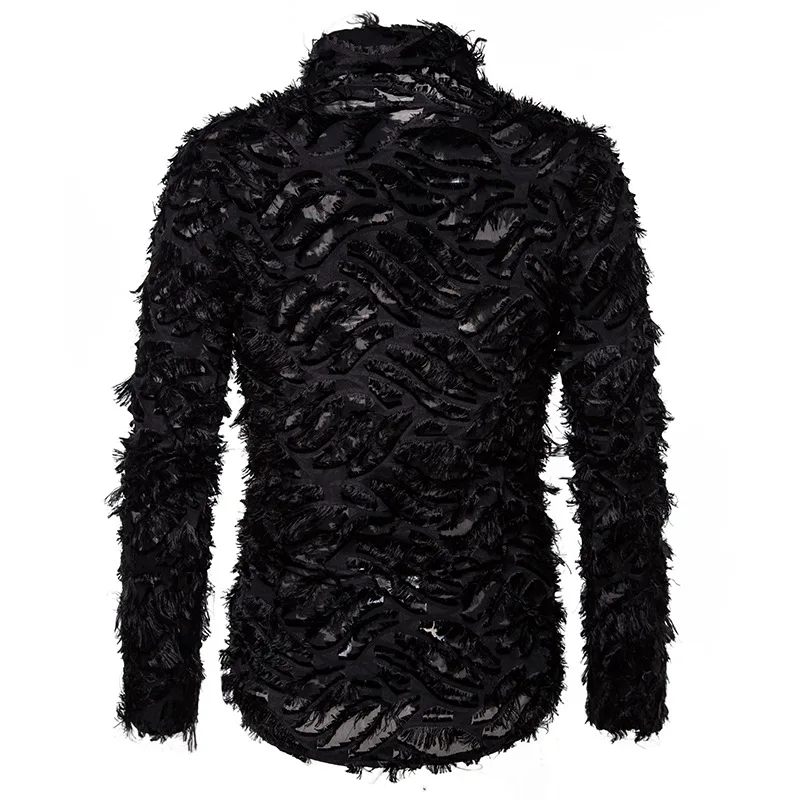 Sexy Black Shirt Men  Fashion Feather Long Sleeve Mens Dress Shirts Nightclub Party Prom Social Shirt Male Camisa Hombre