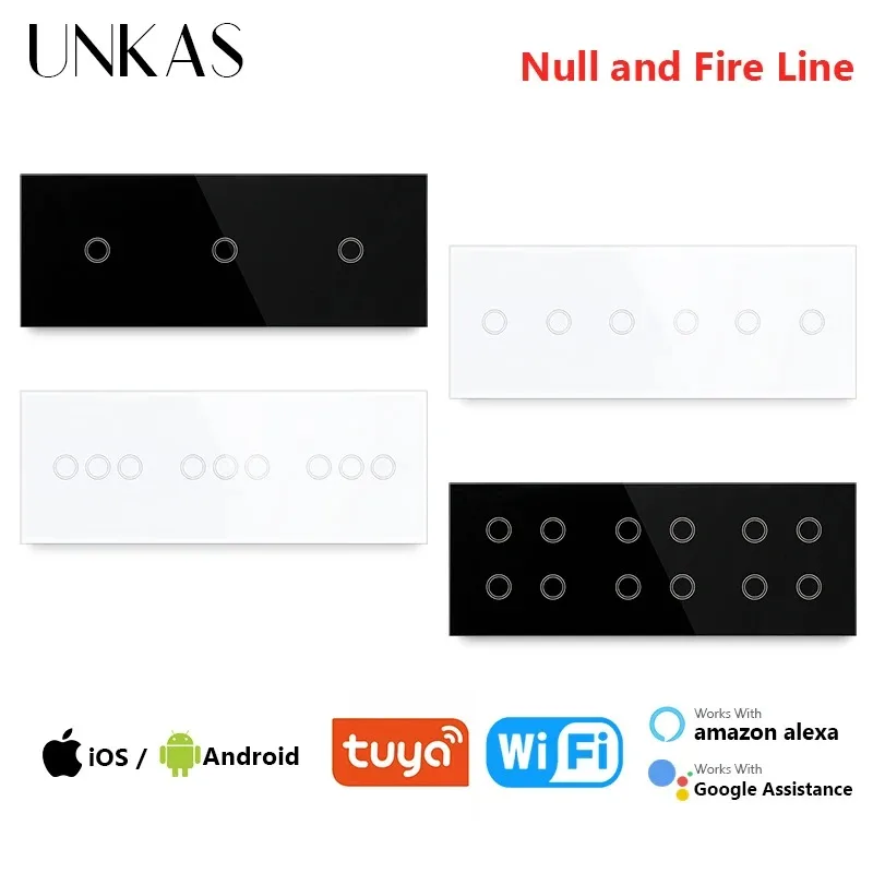 

UNKAS 3 / 6 / 9 / 12 Gang WiFi Touch on / Off Smart Light Switch 228mm White Black Class Panel Outlet Null and Fire Line