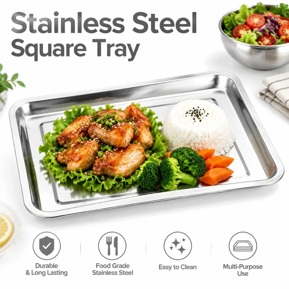 304 Stainless Steel Stainless Steel Square Tray Warp Resistant Dishwasher Safe Food Serving Pan Rolled Edge Steamed Rice Plate