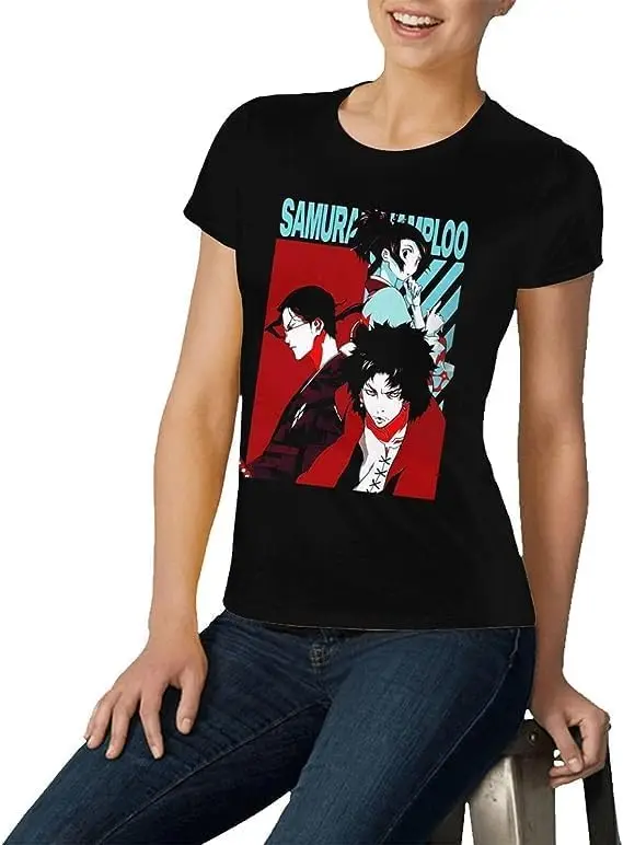 Samurai Anime Champloo Shirt Women's Fashion Short Sleeve Cotton T Shirts Quick Dry Pattern Custom Tee Tops Black