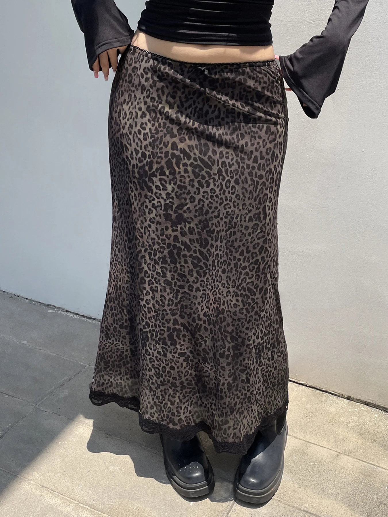 Retro Brown Leopard Y2K Long Skirts Women Lace Trim Hem Two Layers Mesh Vintage Aesthetic Elegant Fashion Women Clothing