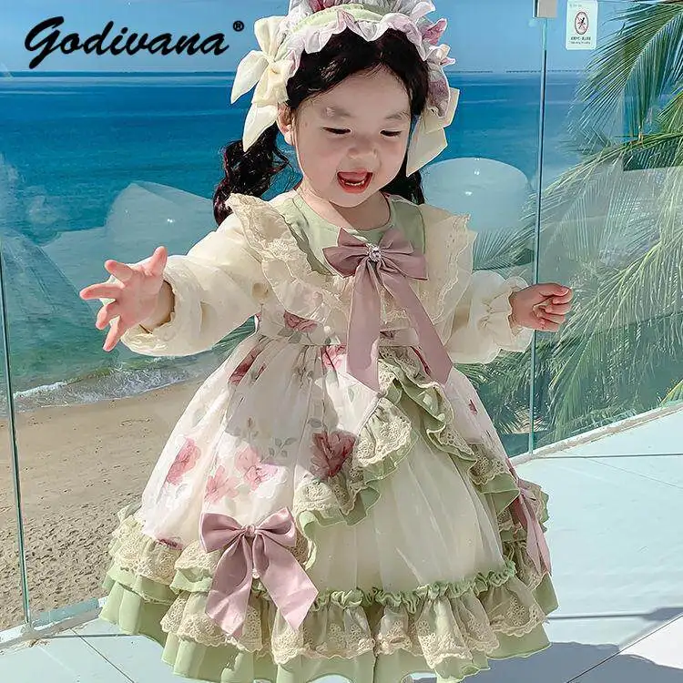 Sweet Cute Baby Girls Lolita Tutu Princess Dress New 2026 Spring and Autumn Kids Long Sleeve Lace Ruffle Trim Bow Floral Dresses