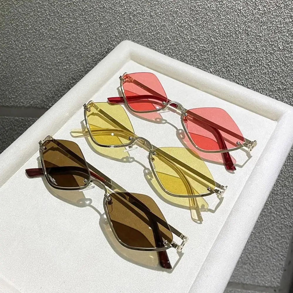 Occhiali da sole a rombo UV400 Protezione UV Mezza montatura in metallo Resistente ai raggi UV Occhiali da ciclismo in vetro Cat Eye Shades Occhiali da sole poligonali