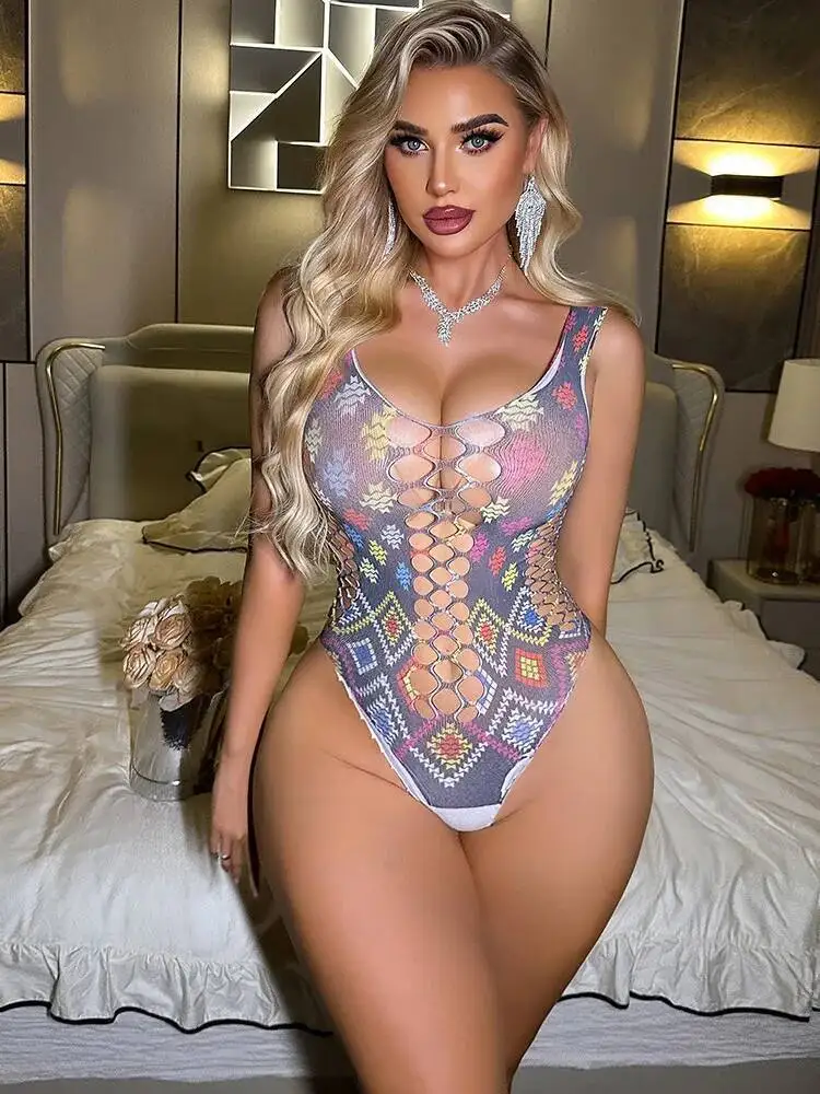 New Printed Craft Sexy Backless Deep V Bodysuits Sleeveless Camisole Hollow Out Mesh Bodysuits Homewear For Woman Bodysuits NBB6