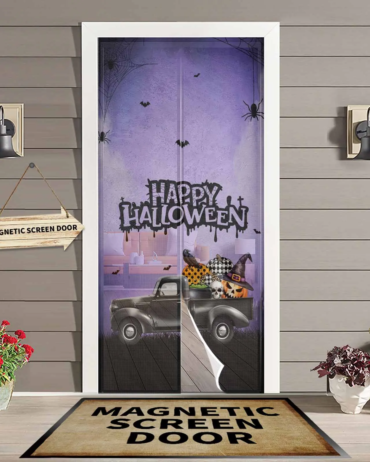 

Happy Halloween Skull Truck Magnetic Door Curtain Living Room Bedroom Home Anti-mosquito Screen Door Curtain