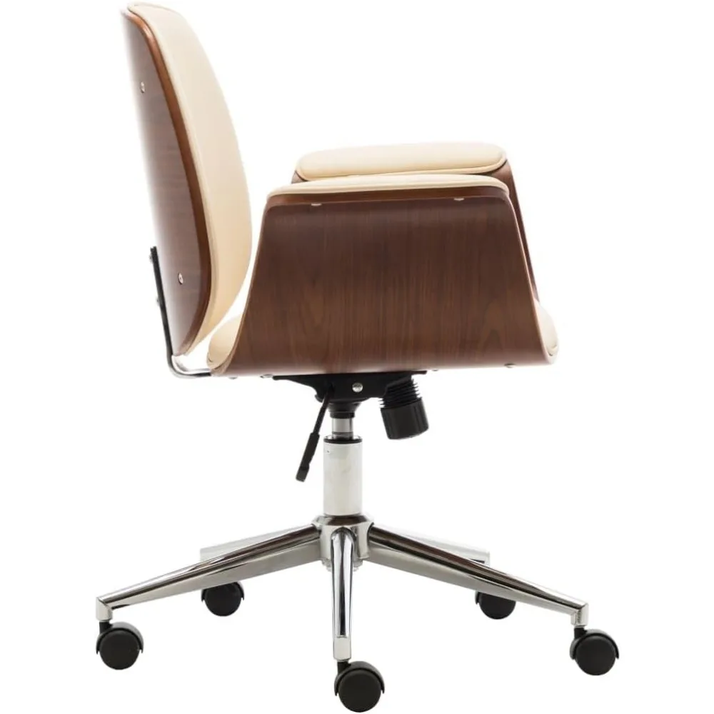 Офисное кресло из искусственной кожи кремового цвета с регулируемой высотой и изогнутым деревянным каркасом для удобной работы или домашнего использования