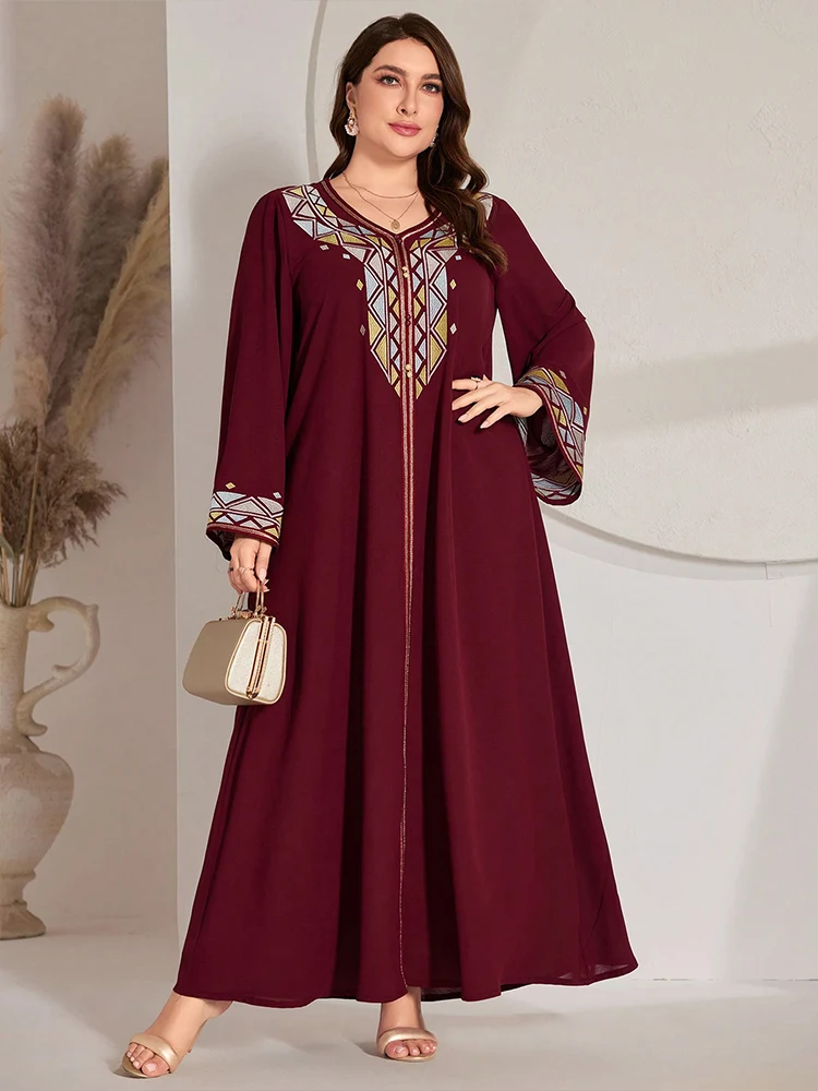 TOLEEN Women Plus Size Maxi Dresses Arab Muslim Embroidered V-neck Dress With Flared Sleeves Retro Middle Eastern Ethnic Robes