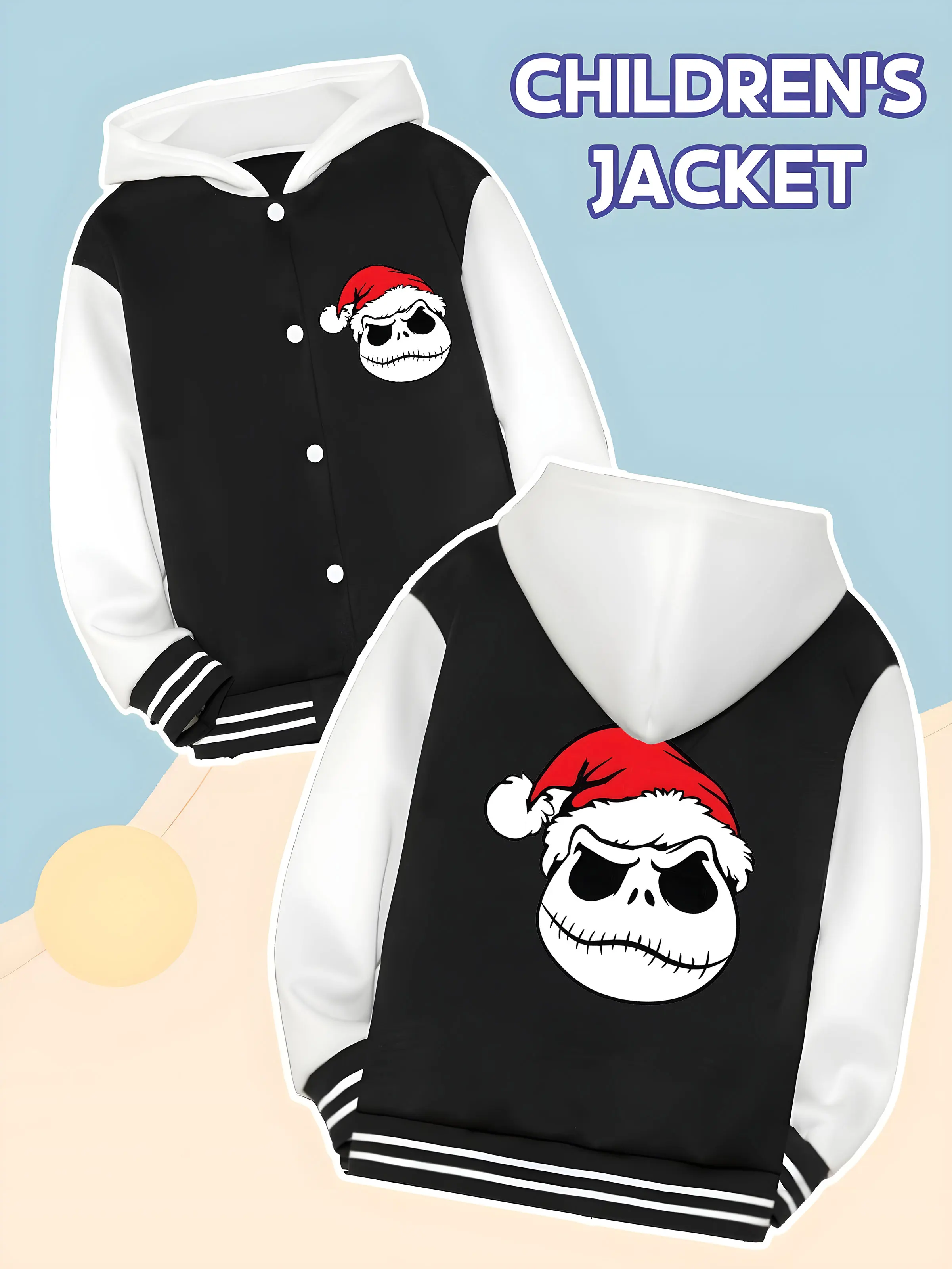 

MINISO Disney Christmas Eve Horror Theme Children's Baseball Jacket - Christmas Hat Skull Jack Print, Personalized Fashion