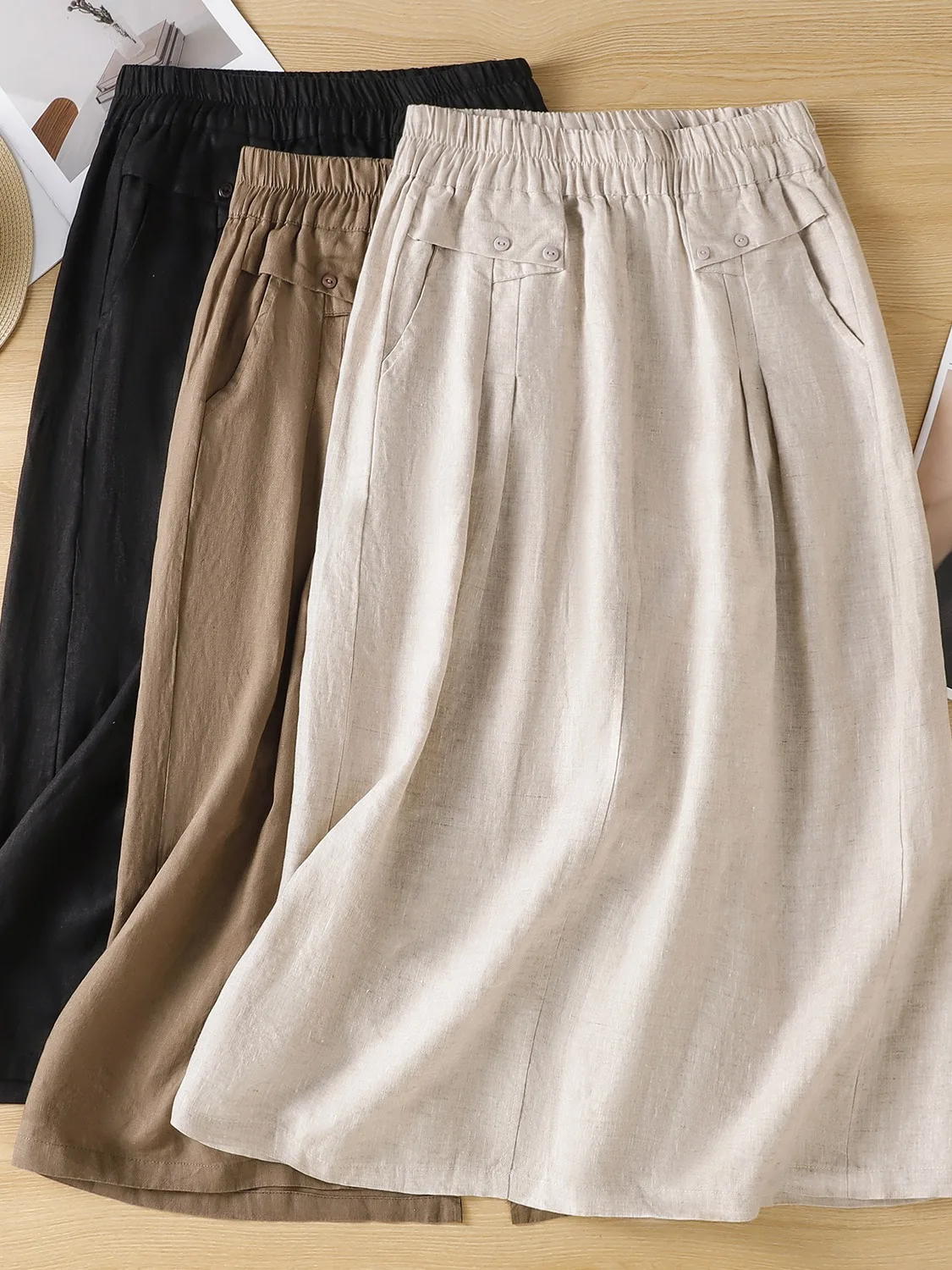 High Waist A-Line  Skirt Women's Summer Elastic Waist Cotton Linen Midi Skirt Slimming Effect Casual Loose Fit Skirt