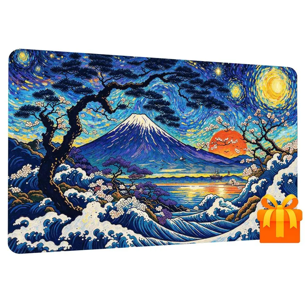 Mount Fuji Wave Art Print Large Mouse Pad Smooth Durable Card Desk Mat Stitched Edge Non‑Slip Play Mat Home Office CP Game Mat