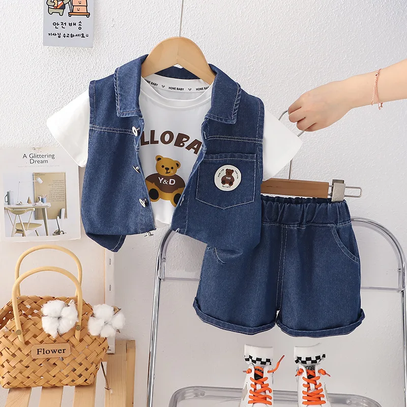 

3 Piece Kids Clothes 2024 Summer Baby Boys and Girls 1 To 5 Years Lovely Cartoon Denim Vest + White T-shirts + Shorts Outfit Set