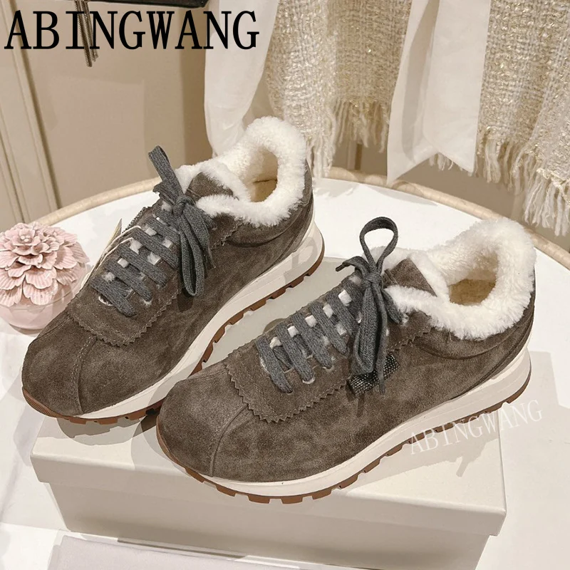 2024 Autumn Winter New Women's Sneakers Lace Up Round Toe Thick Sole Suede Inside Fur Flats Shoes Causal Outside Walking Shoes