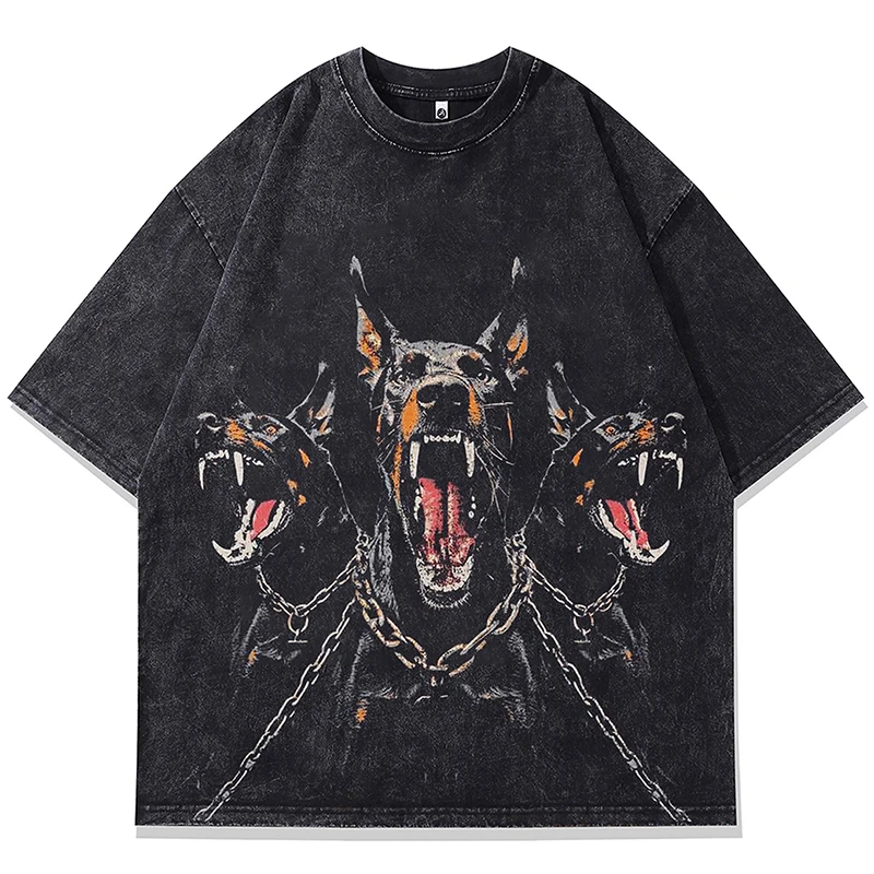 Summer Mens Washed Tshirts Hip Hop Doberman Dog Graphic Print Punk Gothic T-Shirt Streetwear Harajuku Vintage Cotton Tops Tees