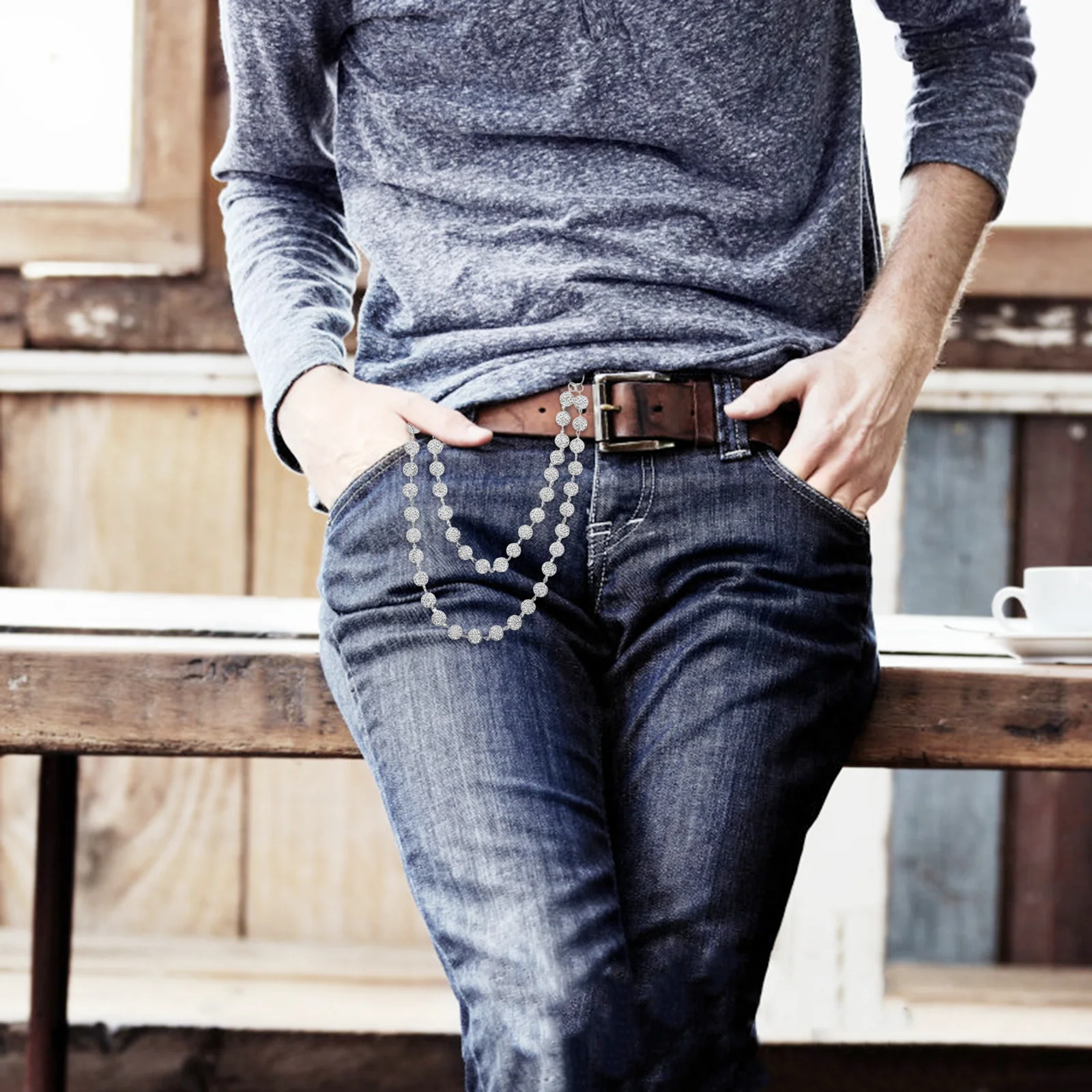 

Sparkling Rhinestone Hip Hop Pants Chain Versatile Styling Unique Spherical Charm Men's Jean Chain Wallet Chains