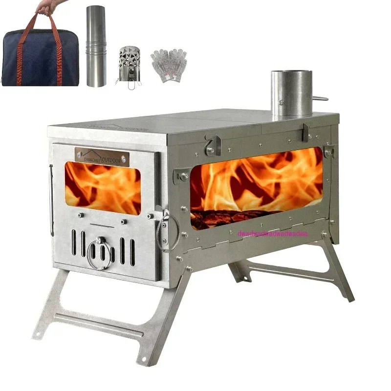 L Size Folding Pure Titanium Wood Burning Stove with Side Glass 3.7KG Camping Tent Stoves for Cooking DANCHEL OUTDOOR