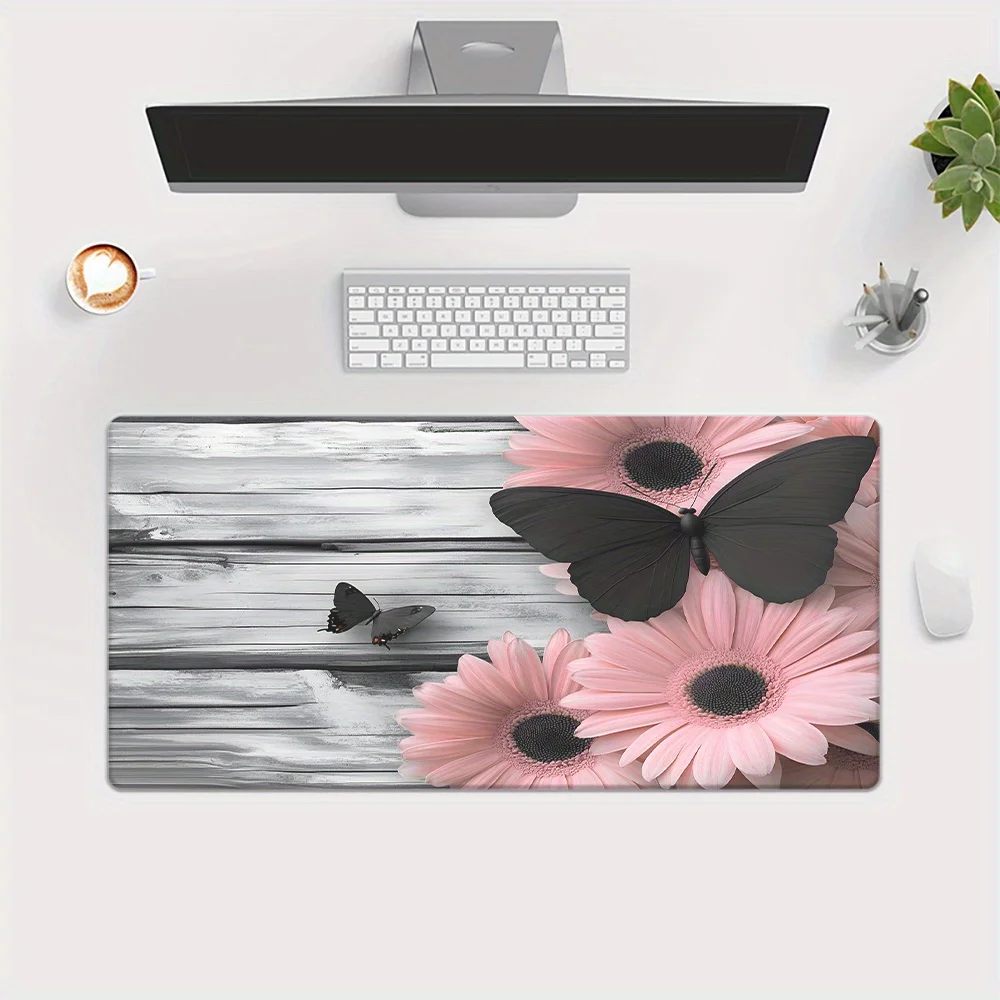 Black Butterfly Pink Daisy Desk Mat Large XXL Non-Slip Rubber Gaming Mouse Pad Office