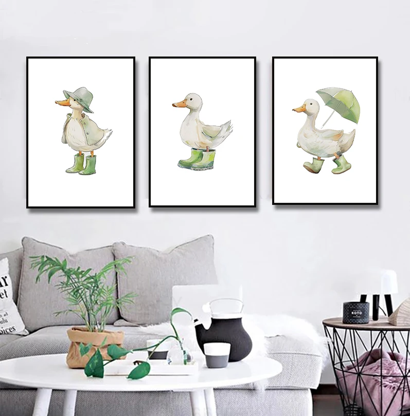 Three Yellow Cute Duck with Umbrella Poster Canvas Painting Print Nursery Wall Art Kids Room Home Decor Cuadros Unframed Gift