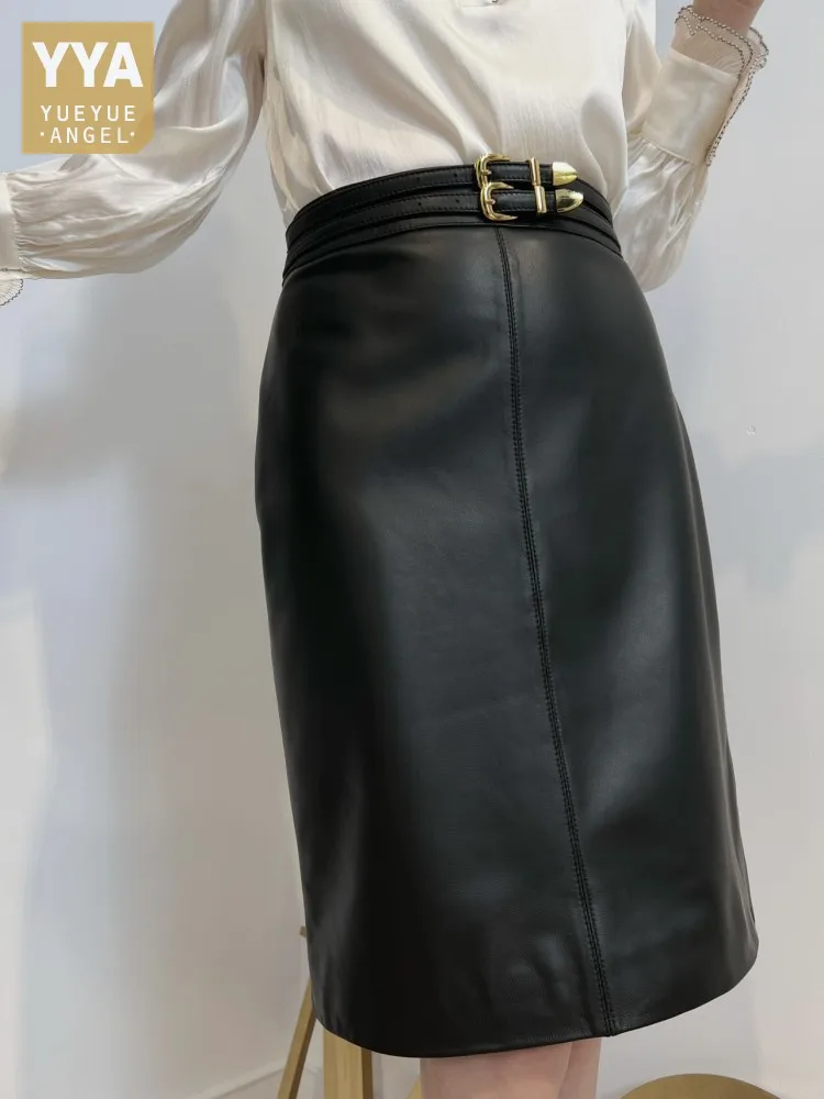 Vintage Double Belts High Waist Wrap Pencil Skirt Women Autumn Sheepskin Genuine Leather Skirts OL Slim Fit Knee Length Skirt