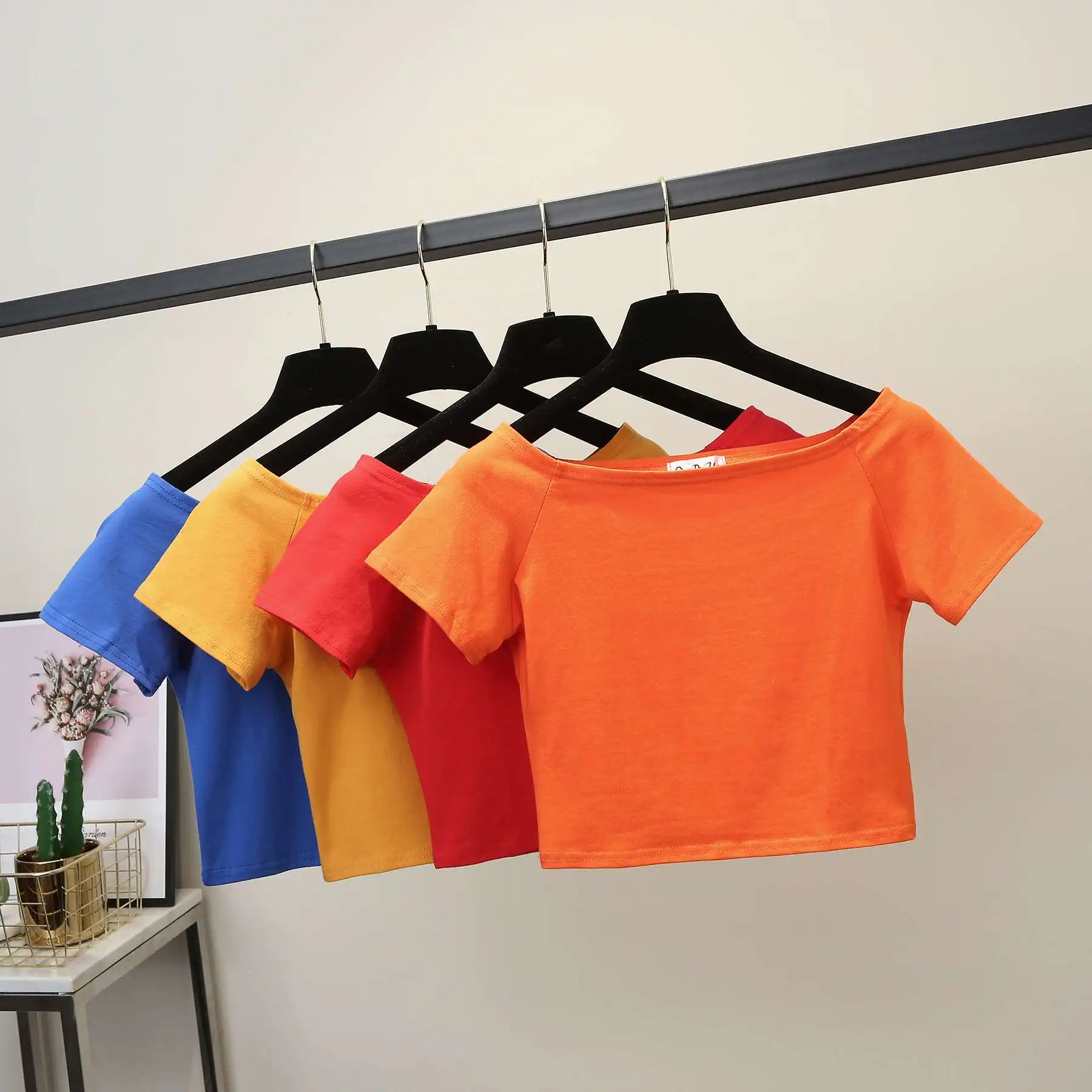 Cseta de Verão de Manga Curta com Cintura Alta para Mulheres Navelexpose Cor Pura Um Ombro Aodão 00% Estilo Básico de C...