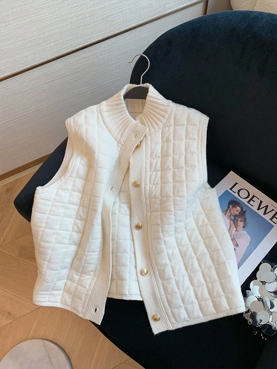 

Casual Knitted Cotton Vest Women's Winter Large Size Plaid Jaet Outerwear Stand Collar Comfortable Layering Faionable