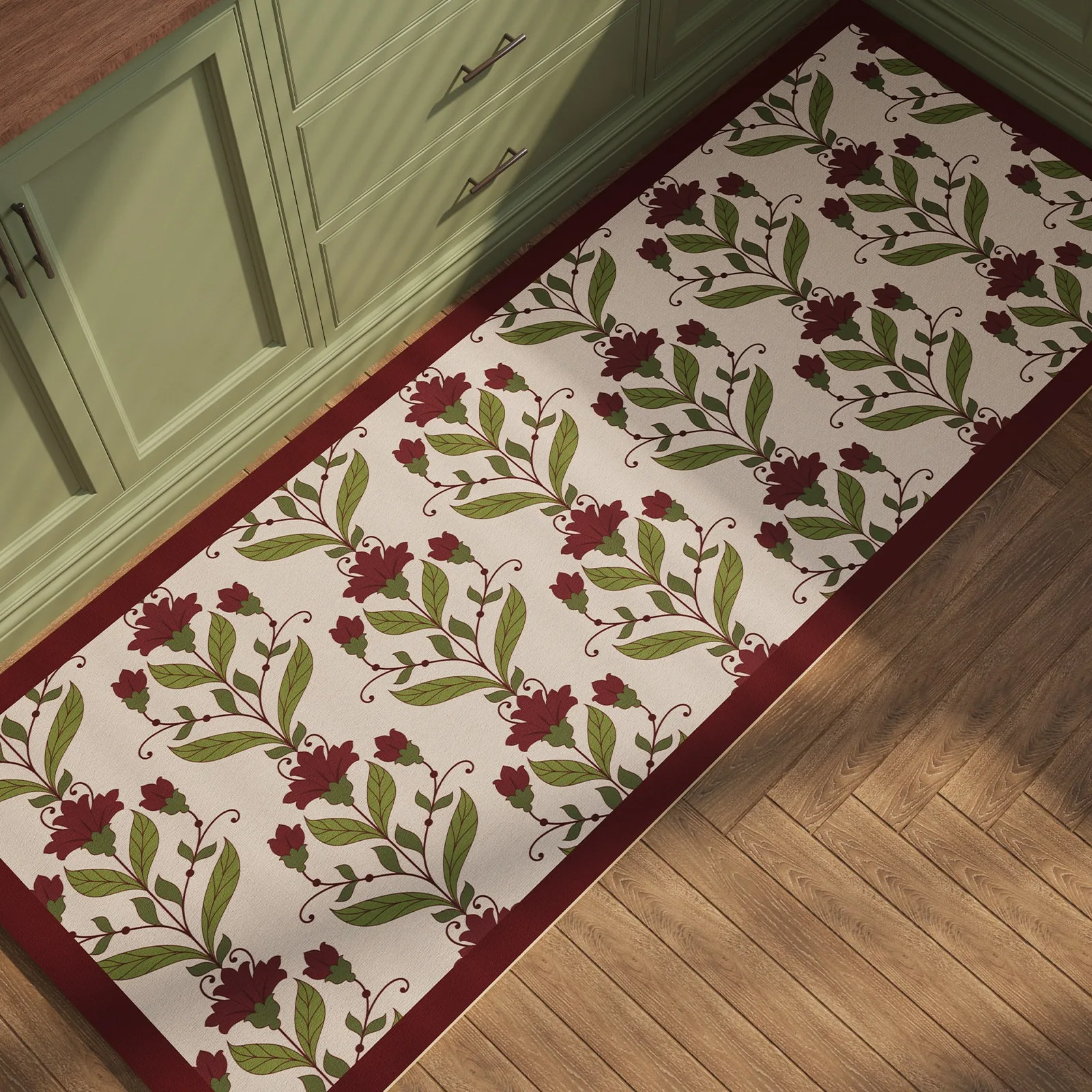 Vintage Floral Kitchen Carpet Anti-slip Mats Long Strip Runner Rugs Home Decoration PVC Leather Washable Mat Alfombras De Cocina