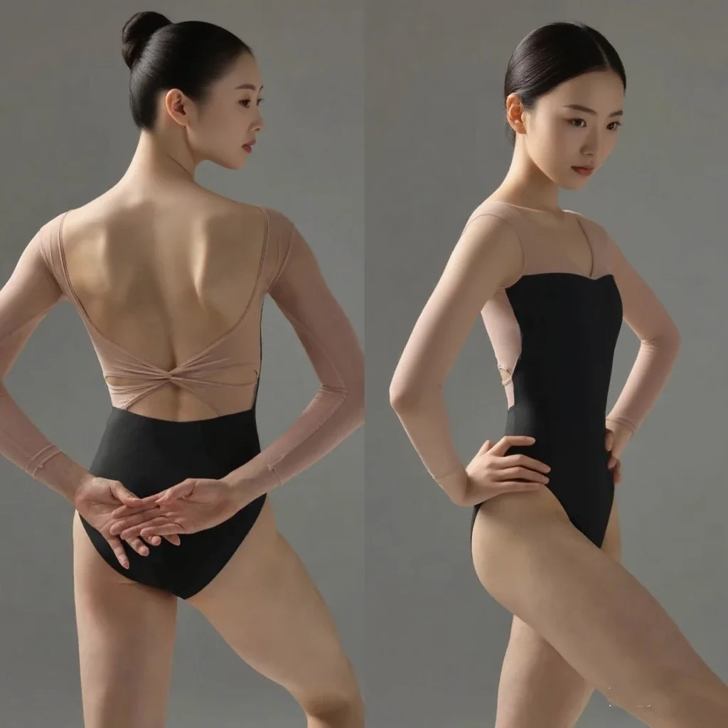 Women's ballet bodysuits, long sleeve mesh dance costumes, back cross gymnastics costumes, performance costumes
