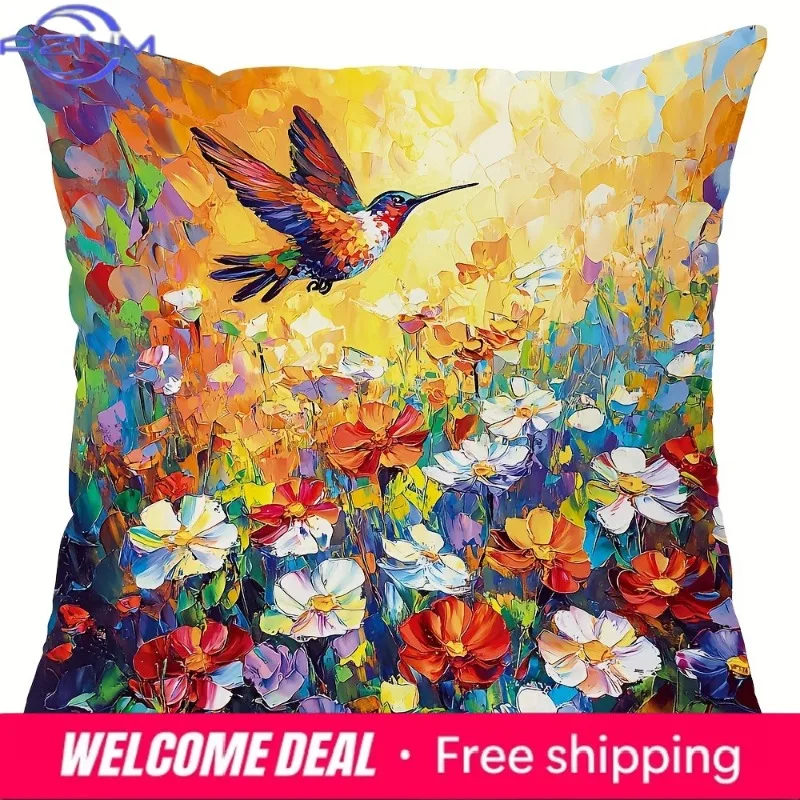 Artistic Hummingbird & Wildflower PillowcasesLiving room sofa cushion cover, soft and comfortable, bedroom room decoration