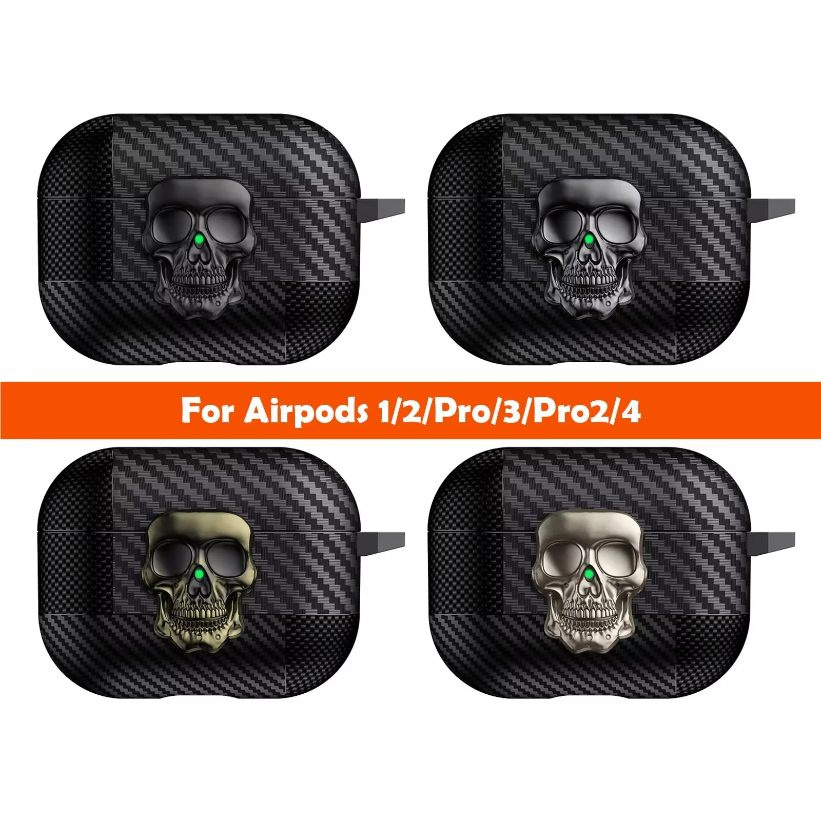 Funda con diseño de calavera personalizado con hebilla giratoria para Apple Airpods 4 AirpodsPro2/3, funda a prueba de golpes con patrón de fibra de carbono con llavero