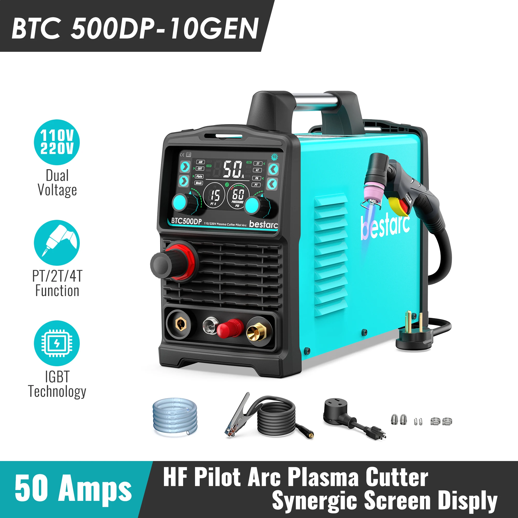 

Pilot Arc Plasma Cutter, 50Amps Single Phase Voltage 220V, Screen Display Digital Plasma Cutting Machine (BTC500DP 10GEN 220V)