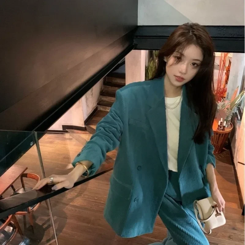 Two-piece Women Blazer Suit Corduroy Chic Coat Wide-legged Pants Office Women\'s Clothing Long Sleeve Straight Pants Vintage New