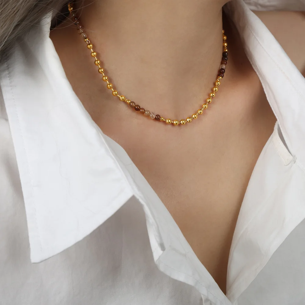 女性のための天然石ダブルレイヤースプライシングビーズネックレス、レトロな形の巻き戻しネックレス