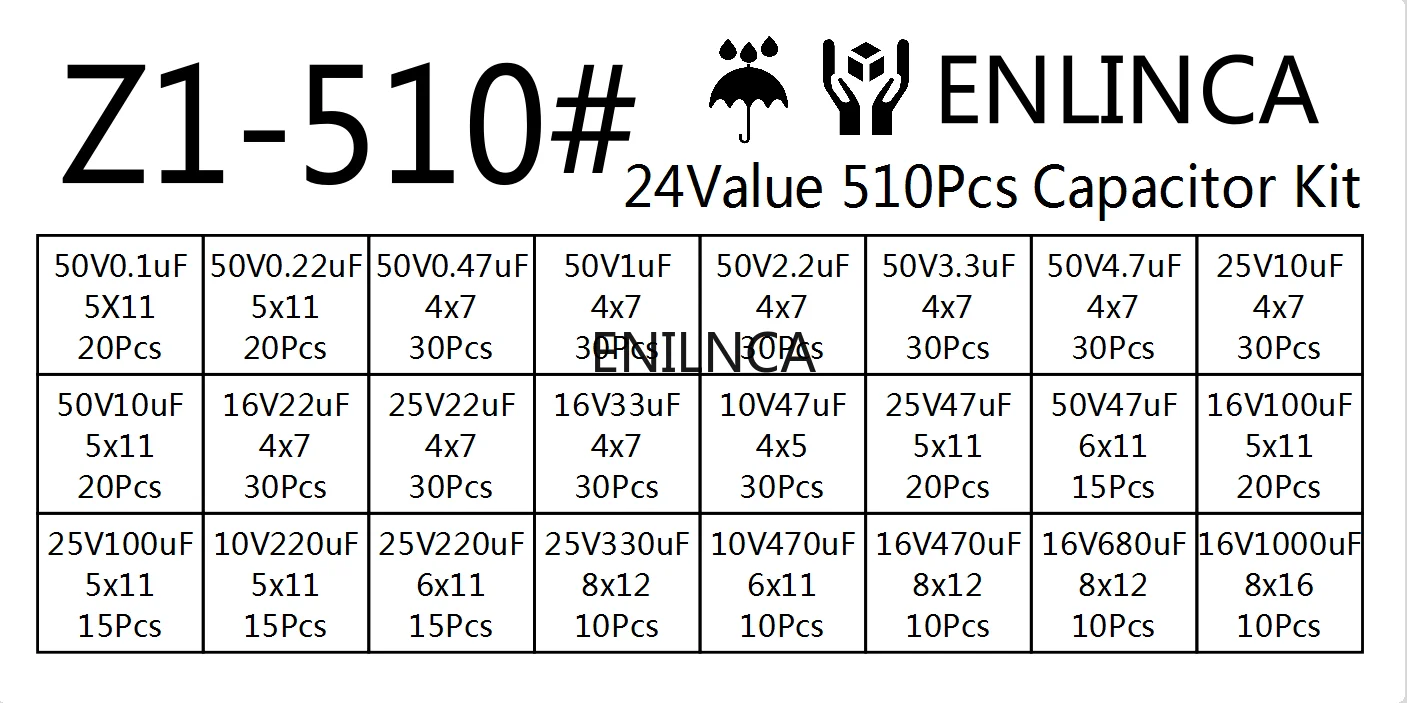 혼합 전해 축전기 모듬 키트 및 보관함, 0.1UF-1000UF 24 값, 16-50V, 로트당 510 개